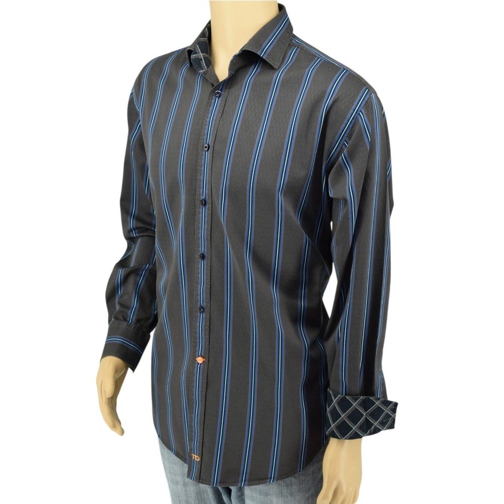 Thomas‎ Dean Men's L Brown Blue Striped Paisley Jacquard Flip Cuff Sport Shirt